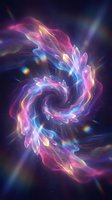 Glowing neon spiral with swirling pink, blue, and yellow light trails creating an abstract energy vortex against a dark starry background for digital art and design projects.