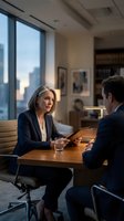 Professional mature businesswoman meeting with male colleague in modern office discussing strategy and documents during evening consultation.