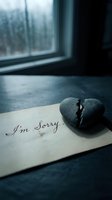 Broken stone heart on a handwritten sorry note near a rainy window, evoking heartbreak, regret, and emotional pain.