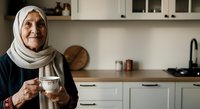 Senior woman wearing white headscarf and dark clothing holding cup of tea in modern kitchen with white cabinets. Suitable for lifestyle, healthcare, family, and cultural content.
