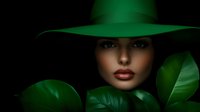 Mysterious woman in green wide-brimmed hat surrounded by lush tropical leaves against dark background for fashion and beauty concepts.