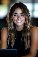 Young mixed race woman with freckles and highlighted wavy hair smiling warmly at camera while working on laptop. Natural makeup and black sleeveless top create professional look.