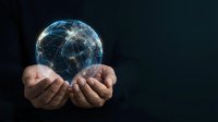 Businessman hands holding glowing digital globe with network connections representing global technology, internet connectivity and worldwide communication.