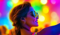 Young Caucasian woman in sunglasses smiling against vibrant rainbow bokeh background. Side profile portrait with colorful neon lighting creates modern party atmosphere.