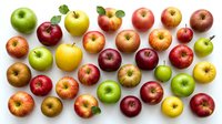 Fresh colorful apples collection with green red yellow varieties arranged on white background for healthy eating and nutrition concepts.