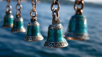 Decorative turquoise bells with ornate silver details hanging on metal chains against blurred blue background, creating nostalgic vintage atmosphere.