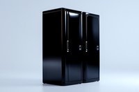 Sleek black metal storage lockers with chrome handles against white background, minimalist industrial design for office or gym environments. Isolated on white.