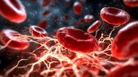 Red blood cells flowing through plasma with glowing energy streams in dark background, microscopic view of circulatory system showing erythrocytes in motion.