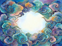 Colorful swirling clouds frame with ornate spiral patterns in blue, purple, pink and gold tones creating decorative border for text or design elements.