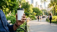Unrecognizable person holding blank white coffee cup in urban park setting with blurred pedestrians and green trees in background.