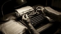 Vintage typewriter with aged hands typing manuscript under warm lamp light. Classic writing scene with old books and papers for retro storytelling concepts.