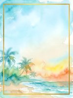 Tropical sunset beach scene with palm trees, golden frame border, and watercolor wash effect. Ideal for travel, vacation, and summer-themed designs, invitations, and backgrounds.