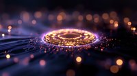 Glowing golden cryptocurrency coin with purple light effects and bokeh on dark background, digital finance concept and blockchain technology visualization.