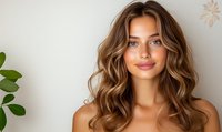 Young mixed race woman with wavy brown balayage hair and natural makeup smiling against light wall, green plant leaves in background. Beauty and haircare concept.