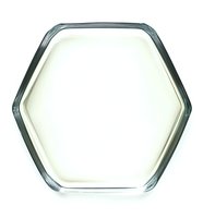 Empty hexagonal glass petri dish isolated on white background, laboratory glassware for scientific research and medical testing purposes.