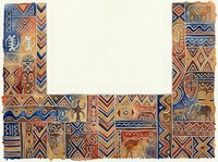 Ethnic tribal geometric patterns and symbols arranged in frame border format, featuring traditional African and indigenous design elements with warm earth tones, blues and oranges for cultural, decorative and educational use.