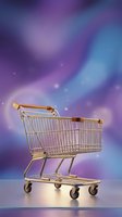 Golden shopping cart on vibrant purple and blue gradient background for retail, ecommerce and consumer marketing campaigns.