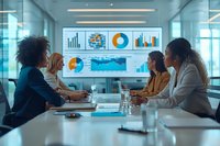Diverse business team analyzing data charts and graphs on large screen during corporate meeting in modern conference room.