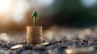Stack of golden coins with green arrow growing upward on soil surface, symbolizing financial growth, investment success and sustainable money management in nature setting.