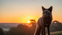Black fox standing on hillside during golden hour sunset with warm orange sky and silhouetted landscape in background for wildlife photography projects.