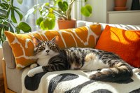 Tabby and white cat relaxing on couch with orange geometric pillows and striped blanket in sunny living room with potted plants, suitable for pet, home decor and lifestyle content.