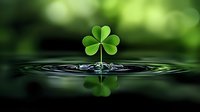Green clover leaf growing from water surface with concentric ripples and reflection against blurred natural background, symbol of growth and luck.