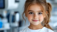 Young Caucasian girl with blue eyes and blonde hair in ponytail smiling warmly at camera, wearing white t-shirt against blurred bright background.