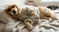 Funny dog wearing glasses and sweater lying in bed with coffee mug, relaxing morning scene with cozy bedroom atmosphere and sleepy pet humor.