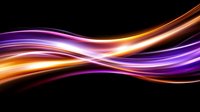Glowing orange and purple light waves intertwine on black background creating dynamic flowing motion effect, suitable for abstract technology designs and presentations.