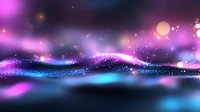Magical glowing particles flow in waves against dark background with pink and blue bokeh lights creating dreamy abstract cosmic landscape. Suitable for backgrounds.
