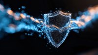 Digital shield made of glowing blue particles and light effects on dark background represents cyber security, data protection and network defense.