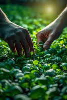 Hands carefully harvesting fresh tea leaves in plantation at sunrise, green foliage illuminated by golden sunlight.