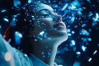 Young Asian woman with closed eyes surrounded by glowing blue particles and bokeh lights creating dreamy atmospheric portrait with mystical night ambiance.