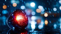 Red traffic light glowing in heavy rain at night with blurred city lights in background creating atmospheric urban scene.
