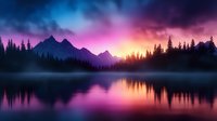Dramatic mountain lake reflection at sunset with vibrant purple and orange sky, silhouetted pine forest and misty atmosphere creating serene wilderness landscape.