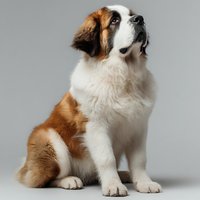 Saint Bernard puppy with white and brown fur sitting against gray background, looking upward with attentive expression.