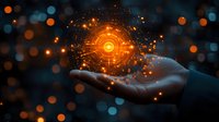 Glowing orange energy sphere with digital circular patterns floating above open palm against dark background with bokeh lights, representing future technology.