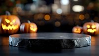 Black marble platform display with glowing jack-o-lantern pumpkins and warm bokeh lights creating spooky Halloween atmosphere for product showcase.