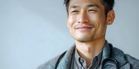 Smiling Asian man in gray coat against light background, radiating confidence and approachability for business or healthcare concepts.