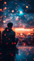 Silhouette of person watching city lights under starry night sky with bokeh rain drops and reflections creating dreamy atmospheric mood for social media posts.