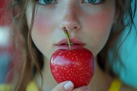 Young blonde woman holding fresh red apple with water drops near face for healthy lifestyle and nutrition concepts.