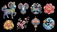 Colorful zodiac and decorative ornament collection featuring ram, goat, floral elements, and Asian-inspired designs isolated on transparent background, ready for t-shirt designs, stickers, clipart, and print-on-demand products.