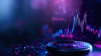Futuristic circular platform with glowing neon ripples against dark background with vibrant pink and blue data visualization waves, suitable for financial technology concepts.