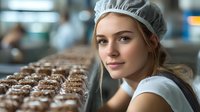 Young female worker in protective cap at confectionery production line with rows of chocolate desserts, quality control in food manufacturing facility.