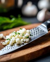 Freshly grated garlic with chopped parsley on metal grater lying on wooden cutting board, close-up view with soft natural lighting and blurred background.