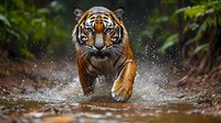 Majestic Bengal tiger splashing through water, charging forward with intense focus. Orange and black striped coat glistens with droplets against lush green jungle background.