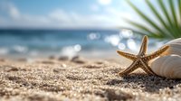 Starfish and seashell on sandy tropical beach with sparkling ocean waves and palm leaves, natural summer vacation background with soft bokeh effect.