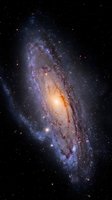 Spiral galaxy with glowing core, blue star clusters, and dust lanes against deep black space, stunning astronomy and science concept.