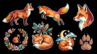 Watercolor fox collection featuring standing, jumping, and head profile poses with sleeping fox, floral wreath, moon crescent, and paw print elements isolated on transparent background for t-shirt design, clipart, stickers, and print-on-demand projects.