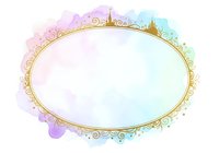 Elegant oval gold frame with ornate decorative border on pastel watercolor background for wedding invitations and luxury design projects.